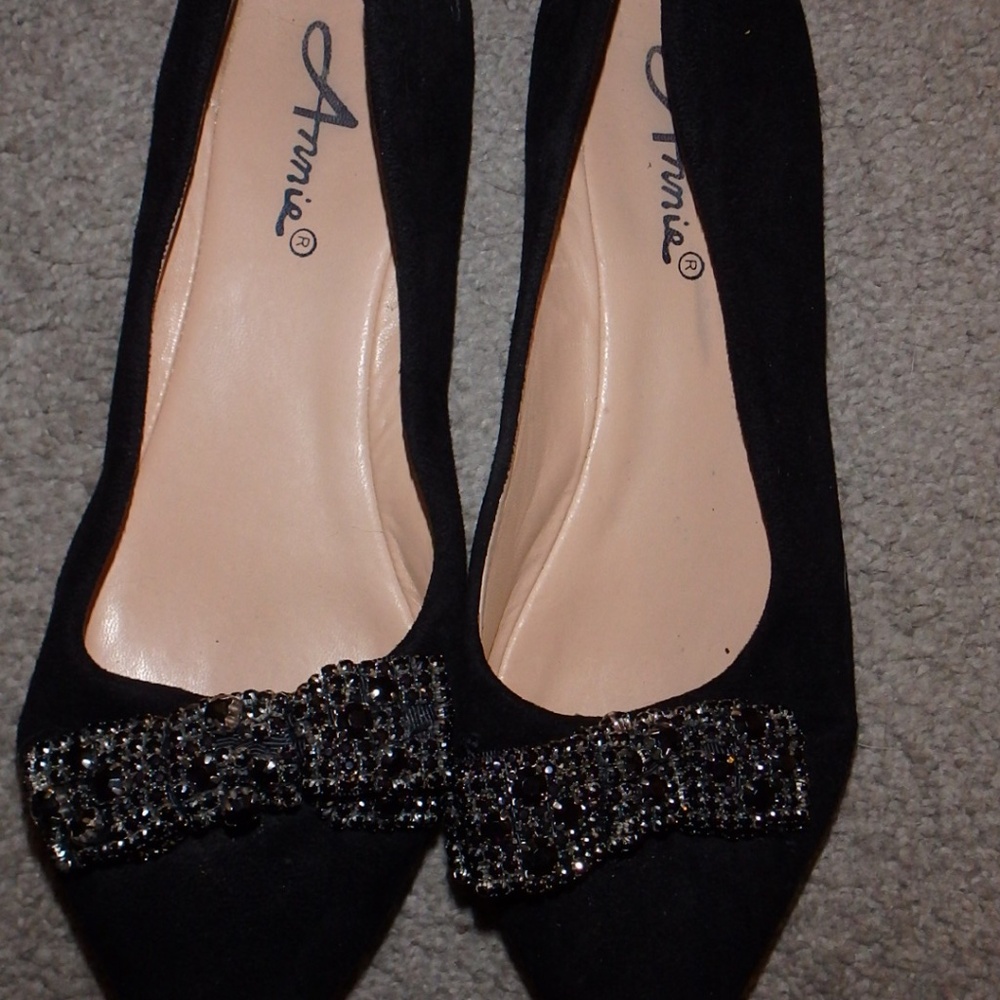 black velvet flats with jeweled bow trim
